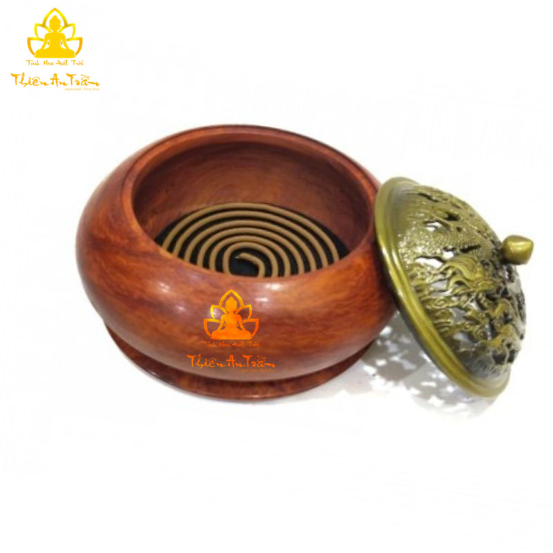 Lư Gỗ Xông Đốt Trầm Hương – Lư Gỗ Hương Xông Đốt Nhang Khoanh Trầm Hương, Nhang Nụ Trầm Hương - Lư Gỗ Hương Xông Đốt Trầm Hương Nắp Kim Loại Khắc Hoa Văn