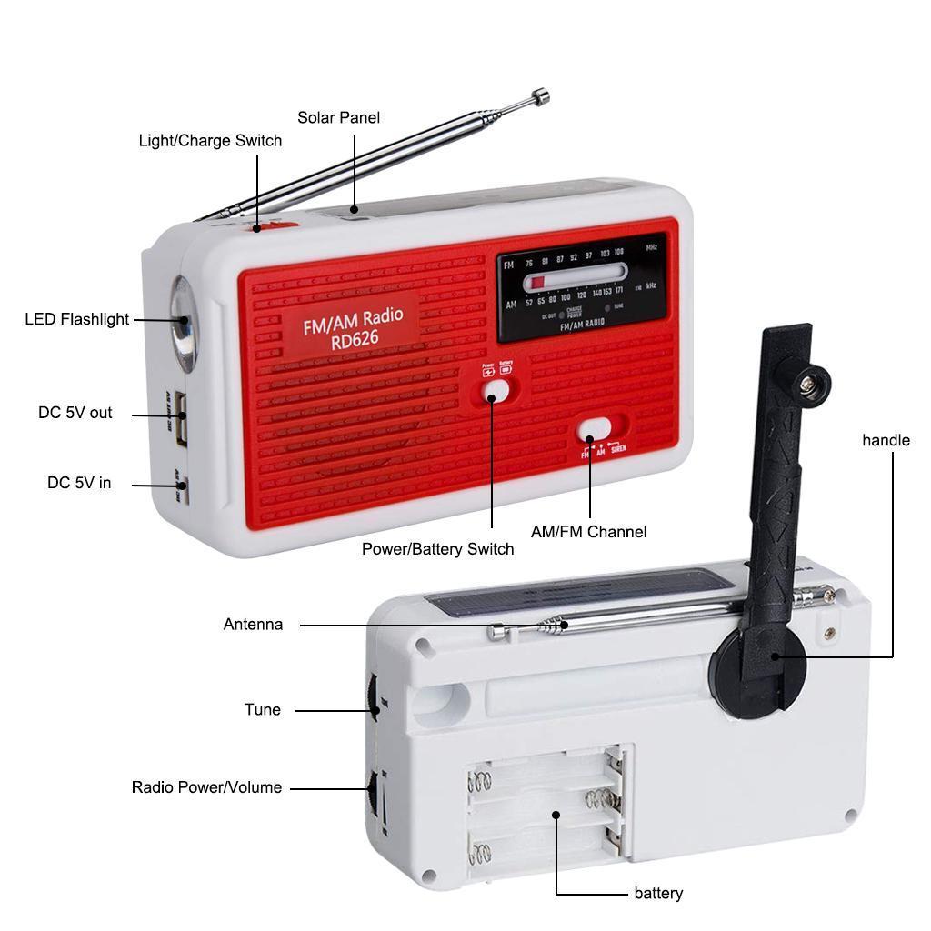 4 Way Powered Emergency Radio Solar Crank Battery AM/FM Alert Radio Red