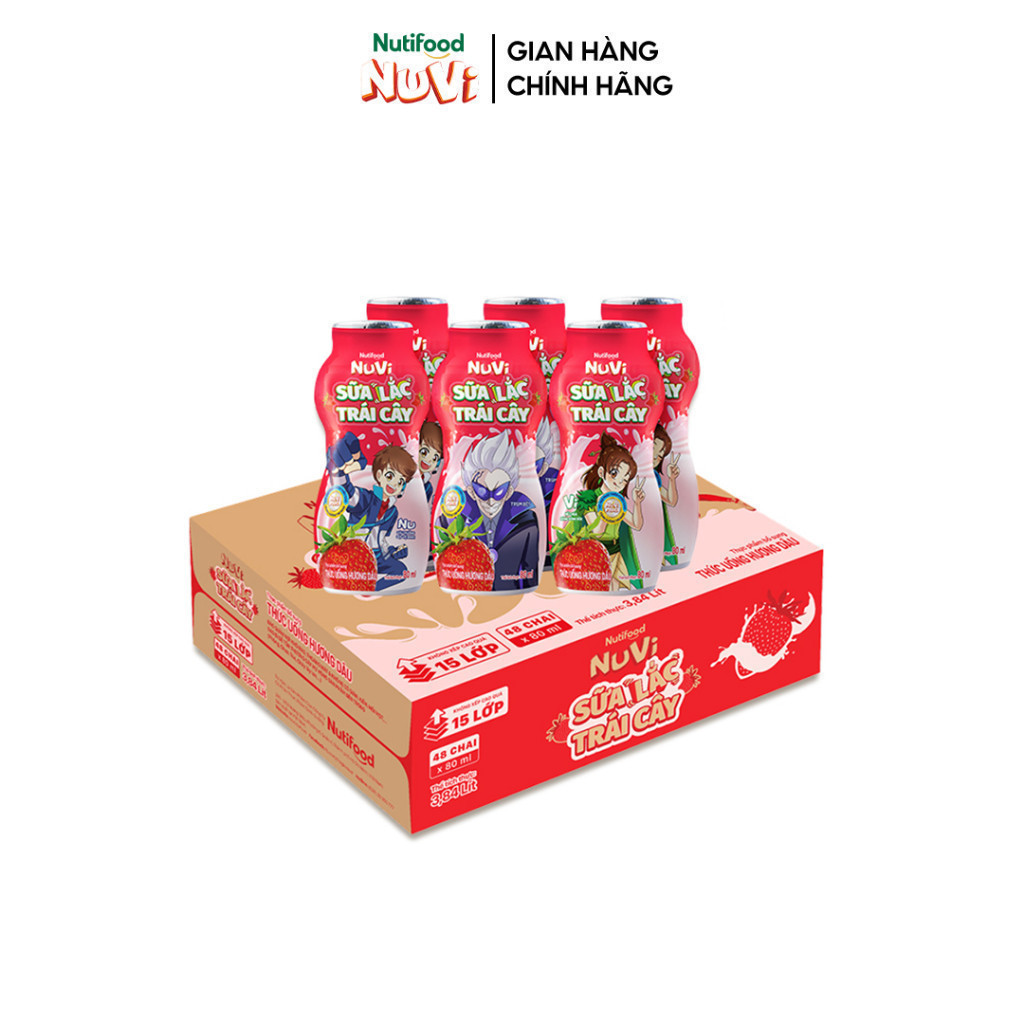 Thùng 48 chai Sữa Lắc Trái Cây Nuvi Hương Dâu 80ml - Tăng Cường Chiều Cao, Phát Triển Trí Não