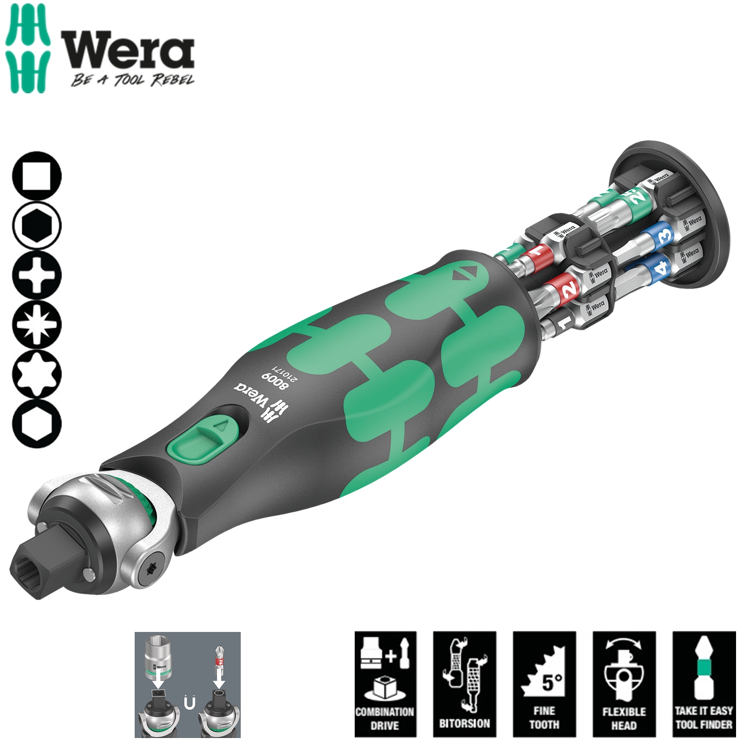 Dụng cụ mở vít và tuýp Wera 05004280001 8009 Zyklop Pocket Set 1 gồm 13 chi tiết đầu vào vít 1/4" và đầu vào tuýp 3/8"