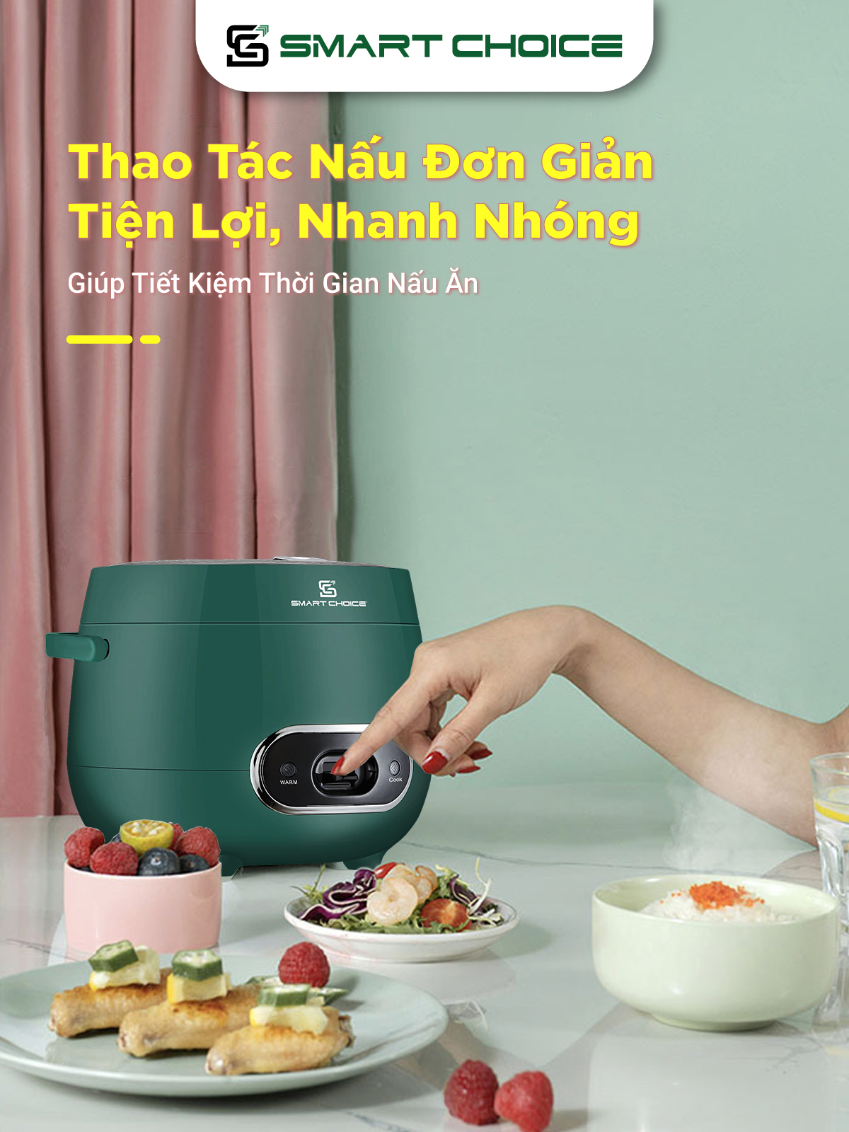 Nồi Cơm Điện Mini 1.2L SMARTCHOICE SCG-RC3001 Lòng Nồi Phủ Ceramic Chống Dính Cao Cấp, Nồi Cơm Điện Cơ Có Quay Xách Dùng Cho 1-3 Người Ăn, Nấu Chín Nhanh, Giữ Ấm Lâu - Hàng Chính Hãng