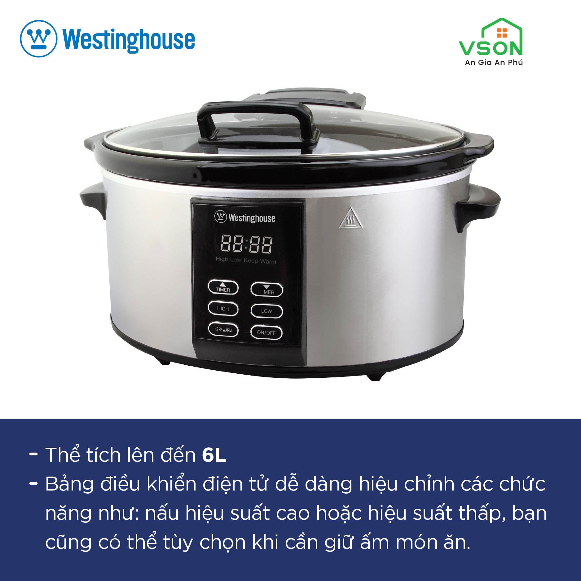 Nồi nấu chậm 6 Lít WestingHouse WKSC65 6L Công suất 270W Nồi bên trong bằng gốm Vỏ thép không gỉ - Hàng chính hãng