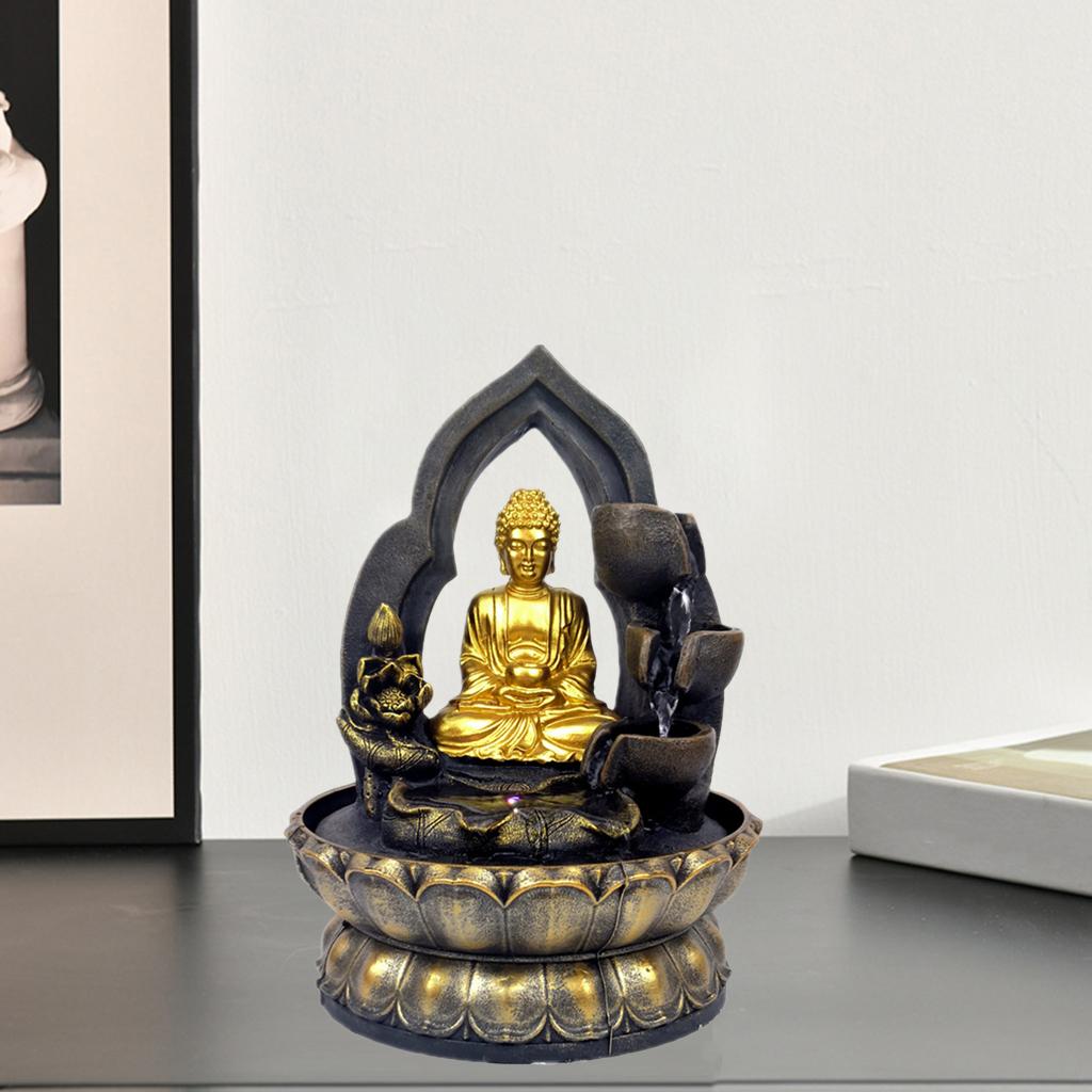 Tabletop Fountain LED Lights Water Waterfall Resin Buddha Statue Sculpture