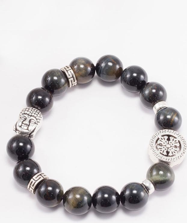 Vòng tay thạch anh mắt hổ xanh đen phối charm phật bạc (10mm) Ngọc Quý Gemstones