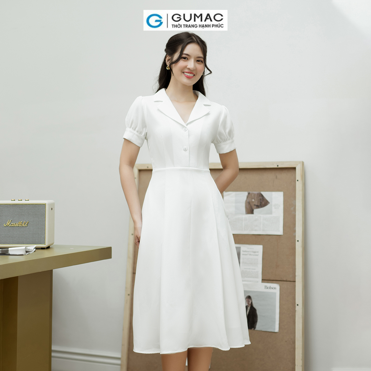 Đầm A xòe tay phồng GUMAC DD08048