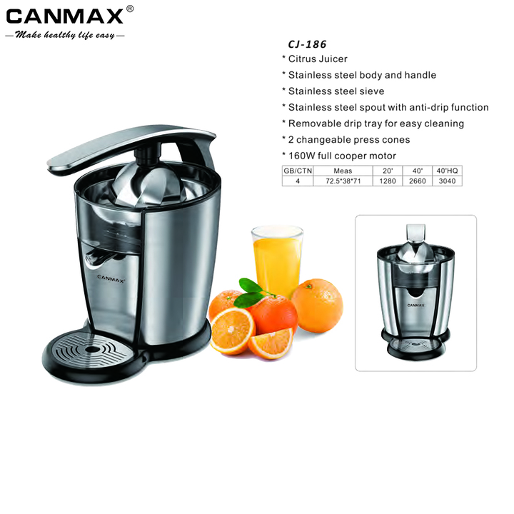 Máy vắt cam cao cấp thương hiệu Canmax CJ-186 - Chất liệu: Inox 304 - Dung tích: 1000ml - Công suất: 120W - Hàng Nhập Khẩu