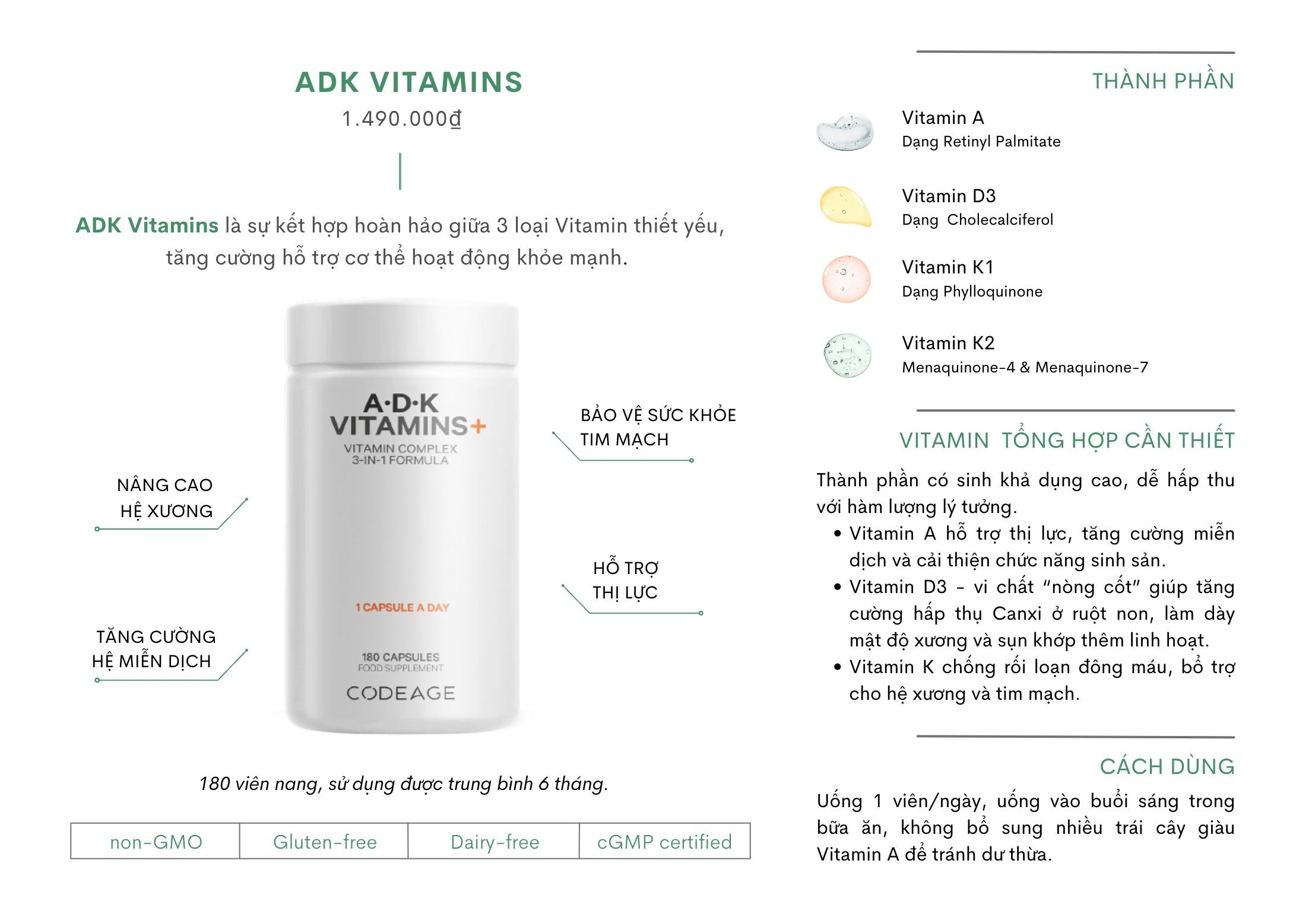 Hình ảnh Viên uống vitamin tổng hợp CodeAge - ADK VITAMINS 180 viên - bổ sung vitamin A, D,K
