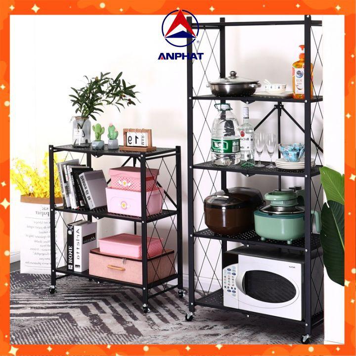 Kệ sắt gập gọn đa năng 3/4/5 tầng có bánh xe cho phòng bếp, phòng sách, phòng tắm