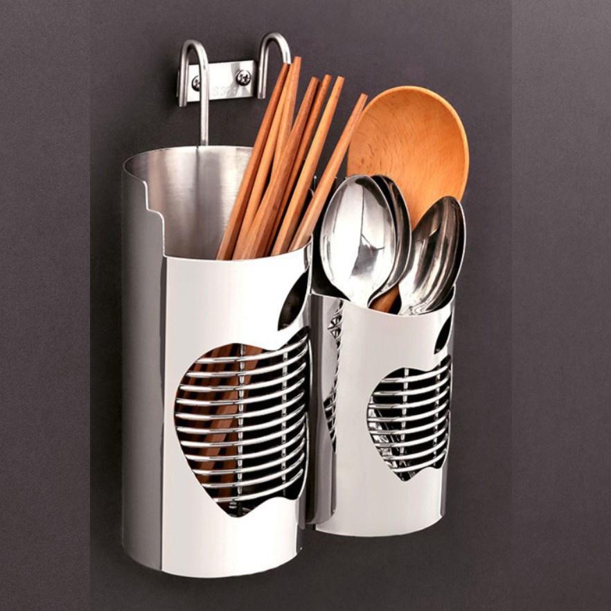 Ống đựng muỗng đũa inox 304, Dụng cụ đựng đũa 2 ngăn cao cấp chống han chống gỉ an toàn vệ sinh