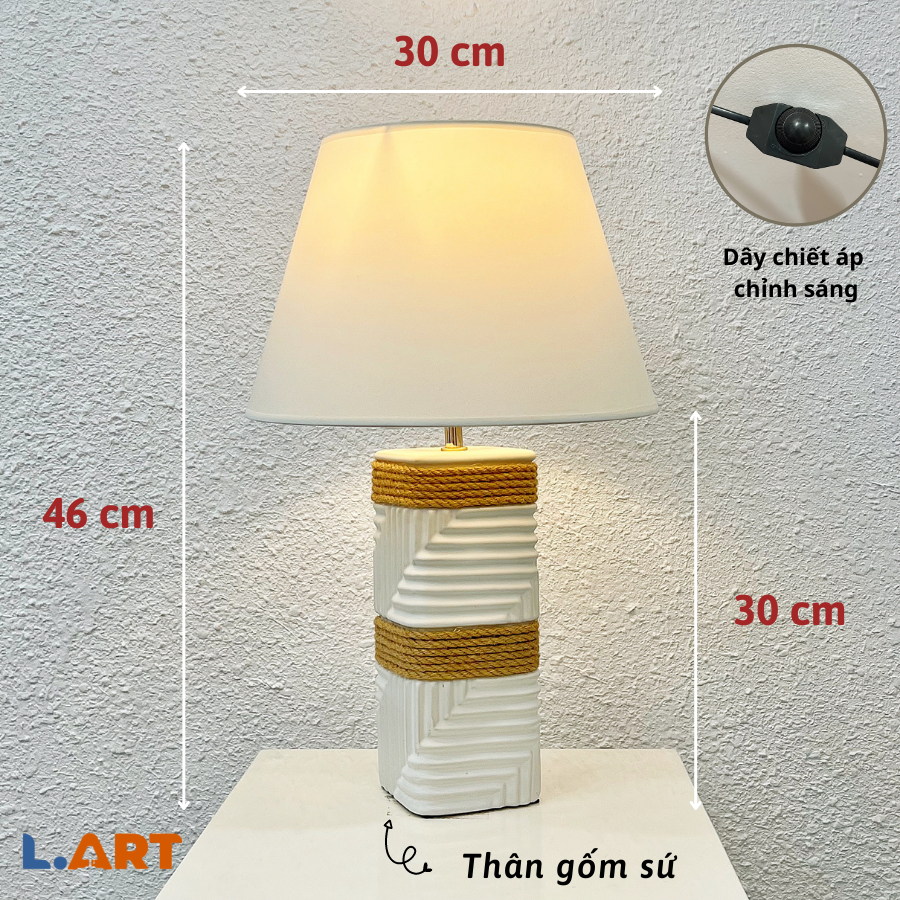 Đèn ngủ trang trí chất liệu gốm thủ công cao cấp màu trắng phối dây thừng DS-TL8093