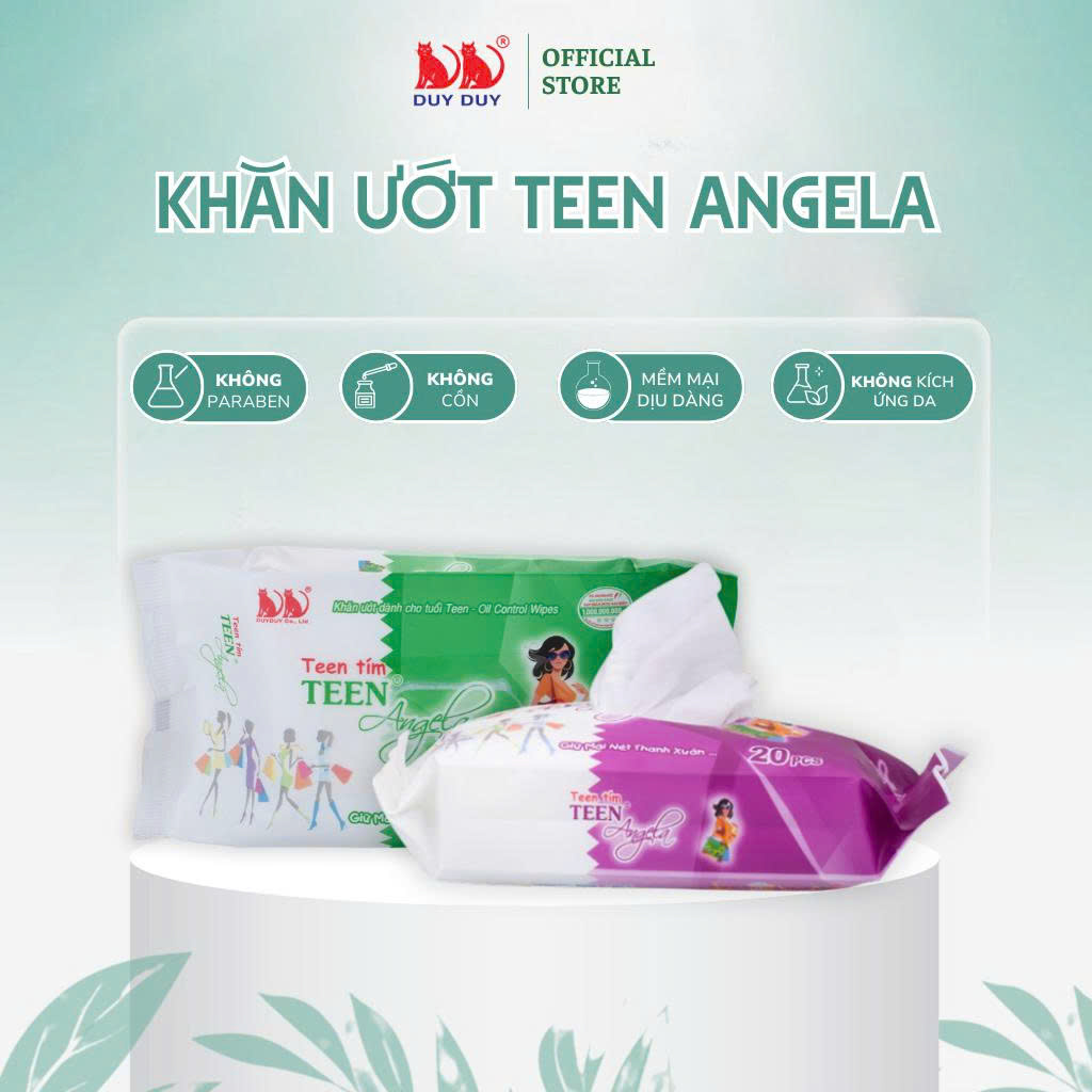Khăn ướt mini teen tím Angela tinh chất lô hội 20 miếng (13.5x20cm) bảo vệ da nhạy cảm