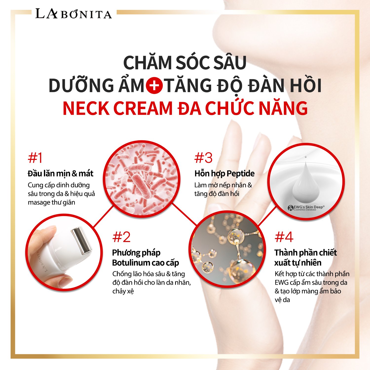 Kem dưỡng da giảm nếp nhăn vùng cổ - La Bonita Peptide Roller Neck Cream 50ml