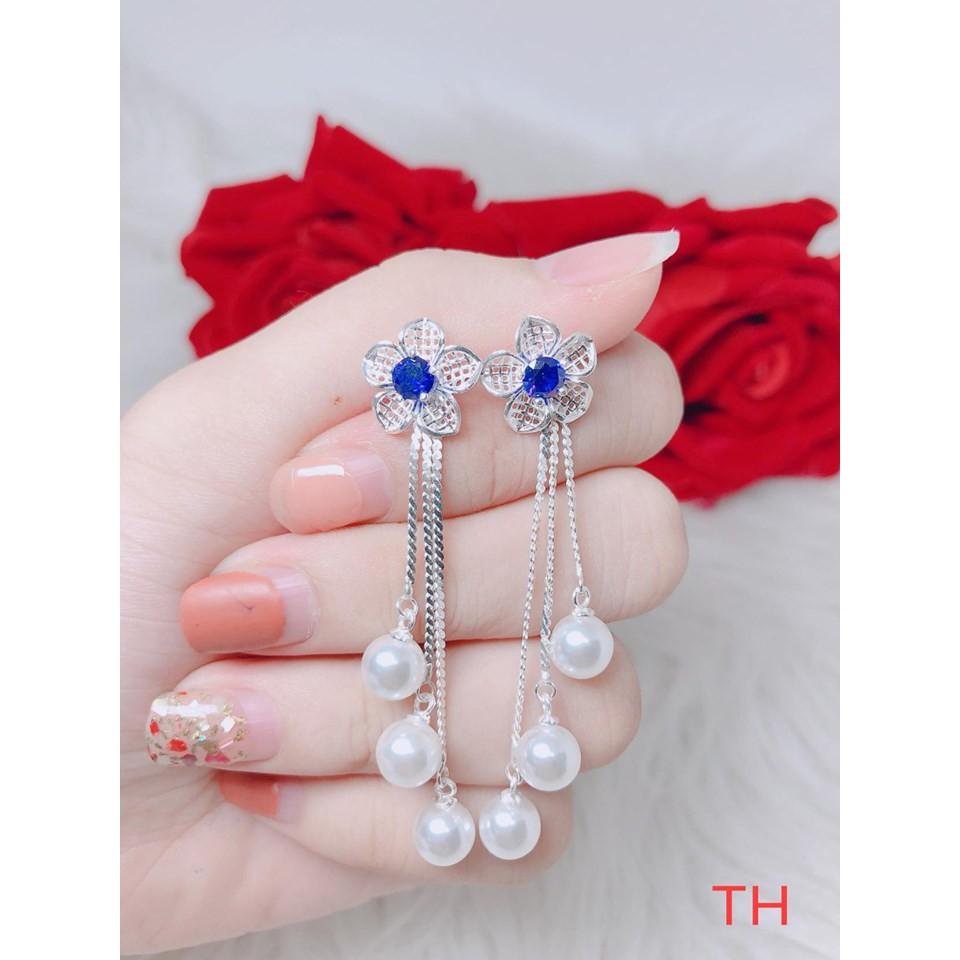 Bông tai bạc gắn 3 hạt trai thả dài MS88