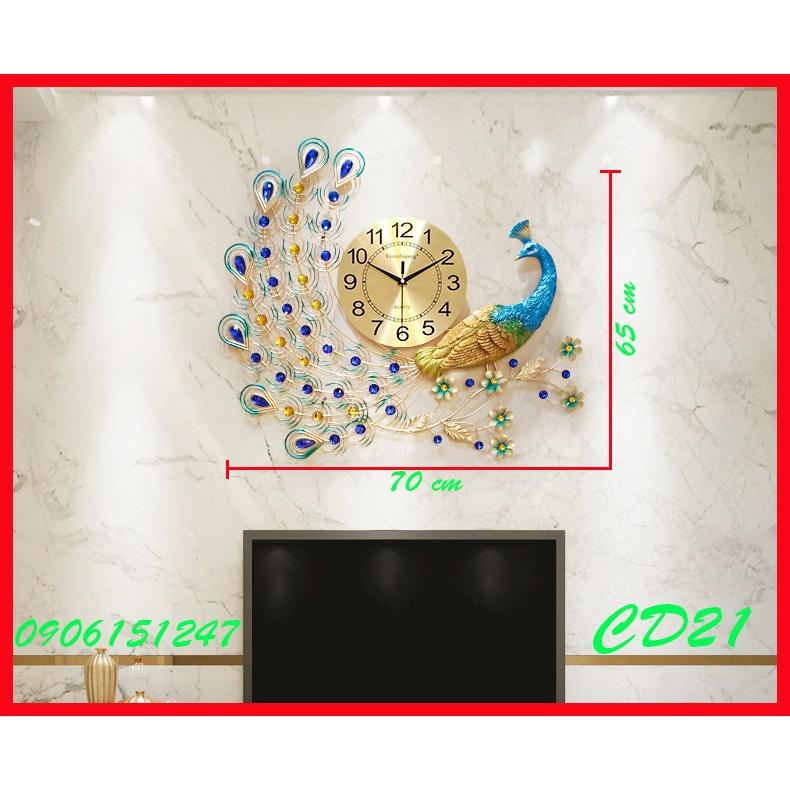 Đồng hồ treo tường trang trí decor chim công CD21 Khổng Tước xanh kích thước 70 x 65 cm
