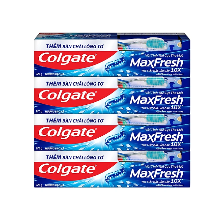 Bộ 4 Kem đánh răng Colgate bạc hà the mát Maxfresh 225g/tuýp tặng bàn chải đánh răng lông mềm