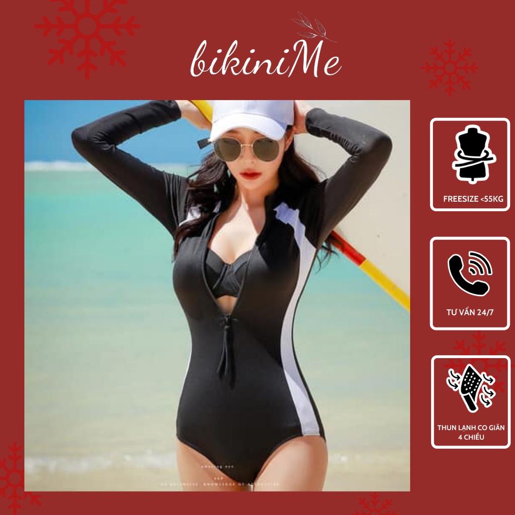 Bikini Đồ Bơi Một Mảnh Liền Thân Dài Tay Kéo Khóa Phối Trắng Đen Sexy R9
