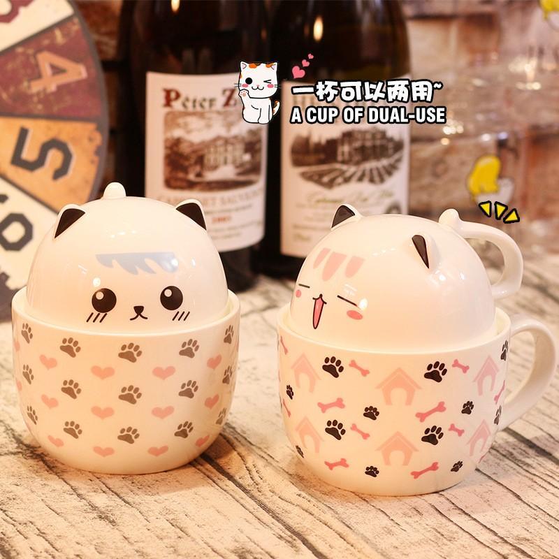 Ly Uống Nước Dễ Thương Hình Chú Mèo Có Tai Cute - Cốc Sứ 2 Công Dụng Có Nắp Và Thìa 400ml