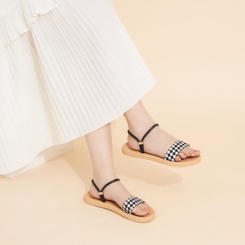 Giày Nữ MWC 2961 - Giày Sandal Quai Ngang Vải Caro Đế Bằng Thời Trang