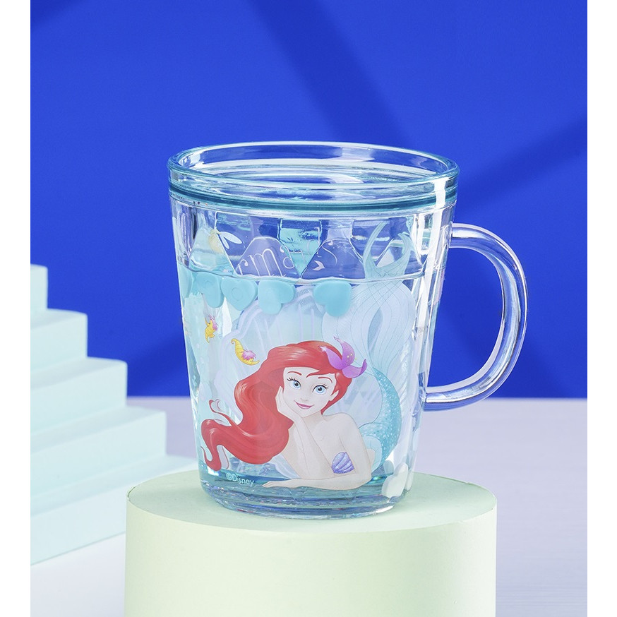 Ly quai cầm tay 2 lớp nhũ nước kim tuyến trong suốt hình nàng tiên cá Ariel Princess màu xanh lá siêu cute cho bé gái 260ml - 118VNDP2503
