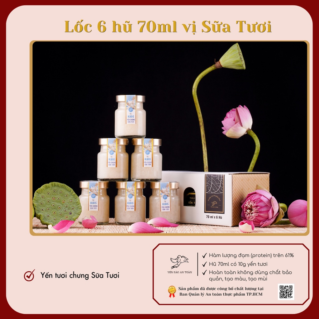 Combo 6 hũ 70ml yến chưng sẵn vị Sữa Tươi từ tổ yến Khánh Hoà, Yến Sào An Toàn