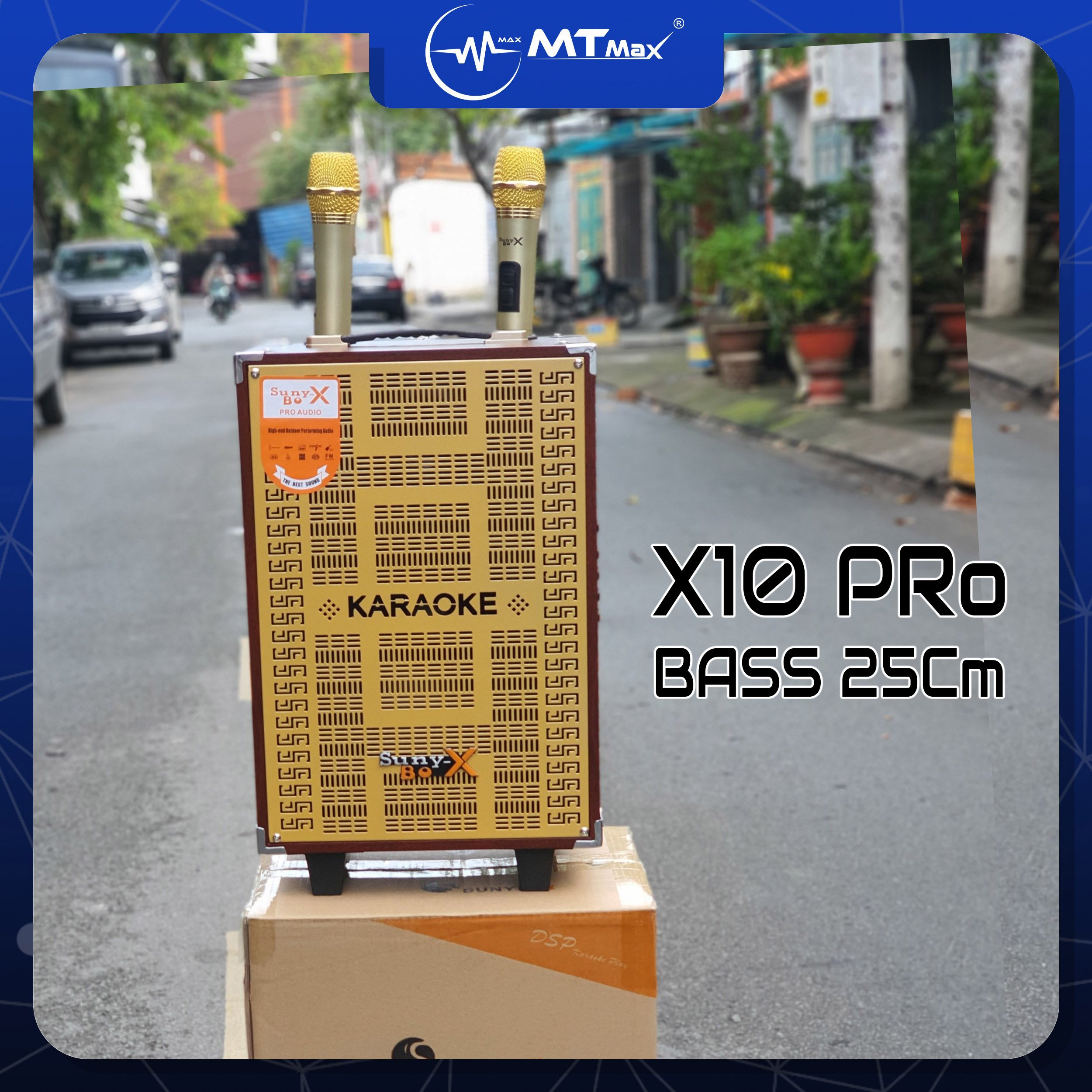 Loa kéo di động SUNYBOX X10 Pro,bass 25cm siêu trầm thêm 2 Micro không dây .Chiếc loa SUNYBOX với thiết kế mạnh mẽ vỏ gỗ, sang trọng, loa bass chắc, âm thanh hơn hẳn các loa ngang tầm giá.