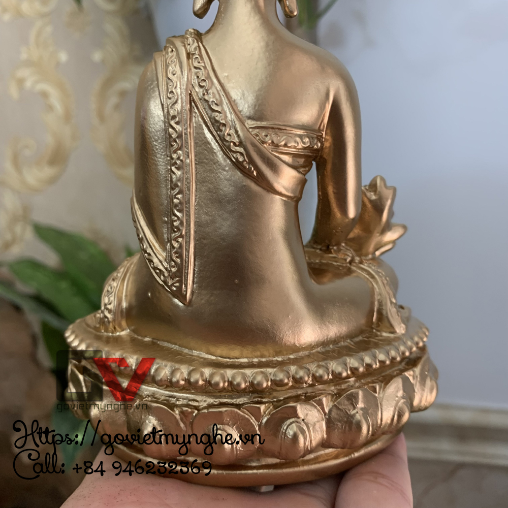 Tượng đá Phật Dược Sư Lưu Ly Quang ngồi tòa sen - Cao 16cm - Màu nhũ đồng