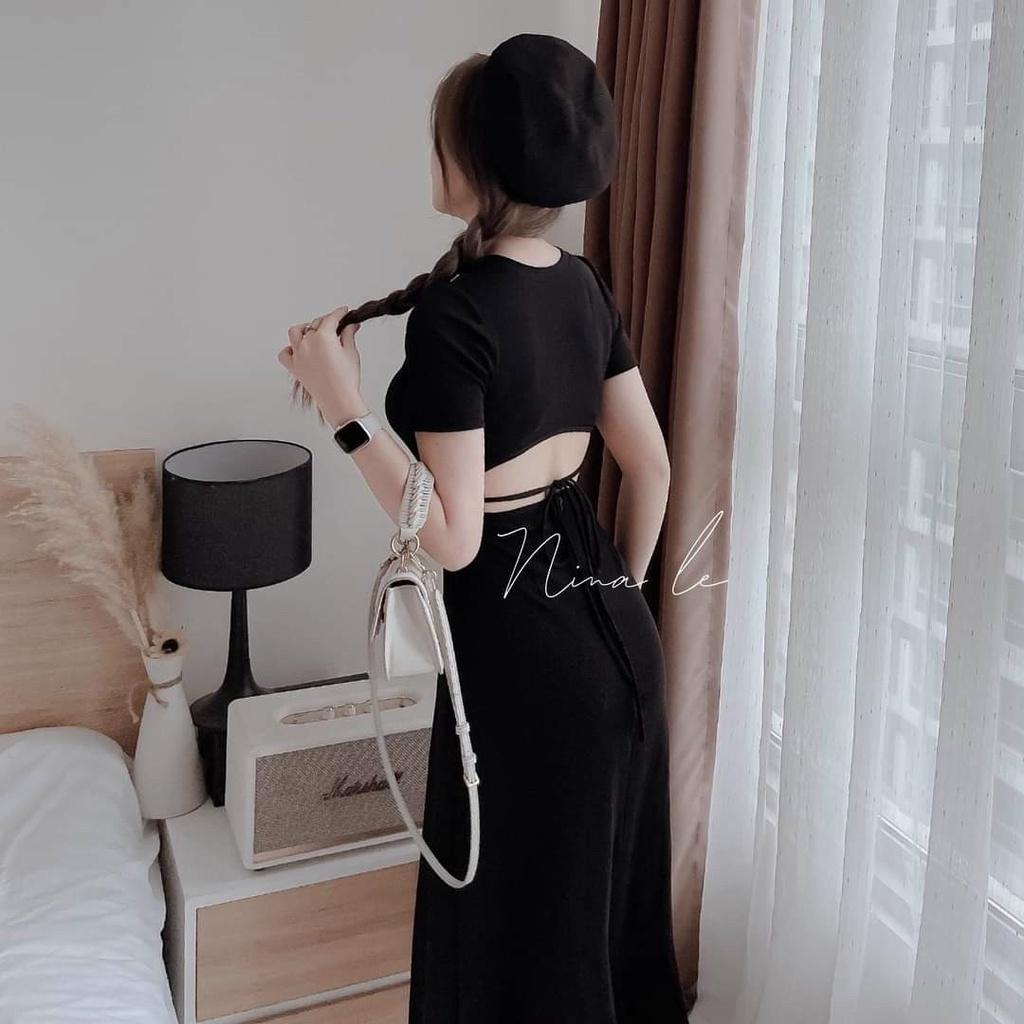Đầm thun xoè midi hở lưng dây cột nơ siêu hot