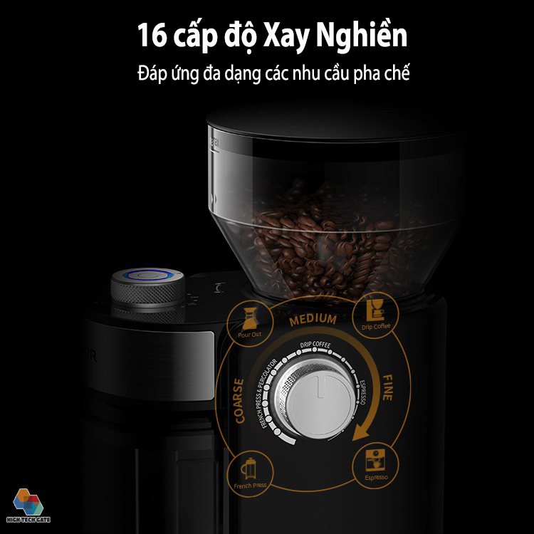 Máy xay cà phê gia đình HY-1421 pha cafe phin, pha máy nhỏ giọt, pha túi lọc đa dạng với 16 cấp độ xay nghiền, 2-14 cốc mỗi lần