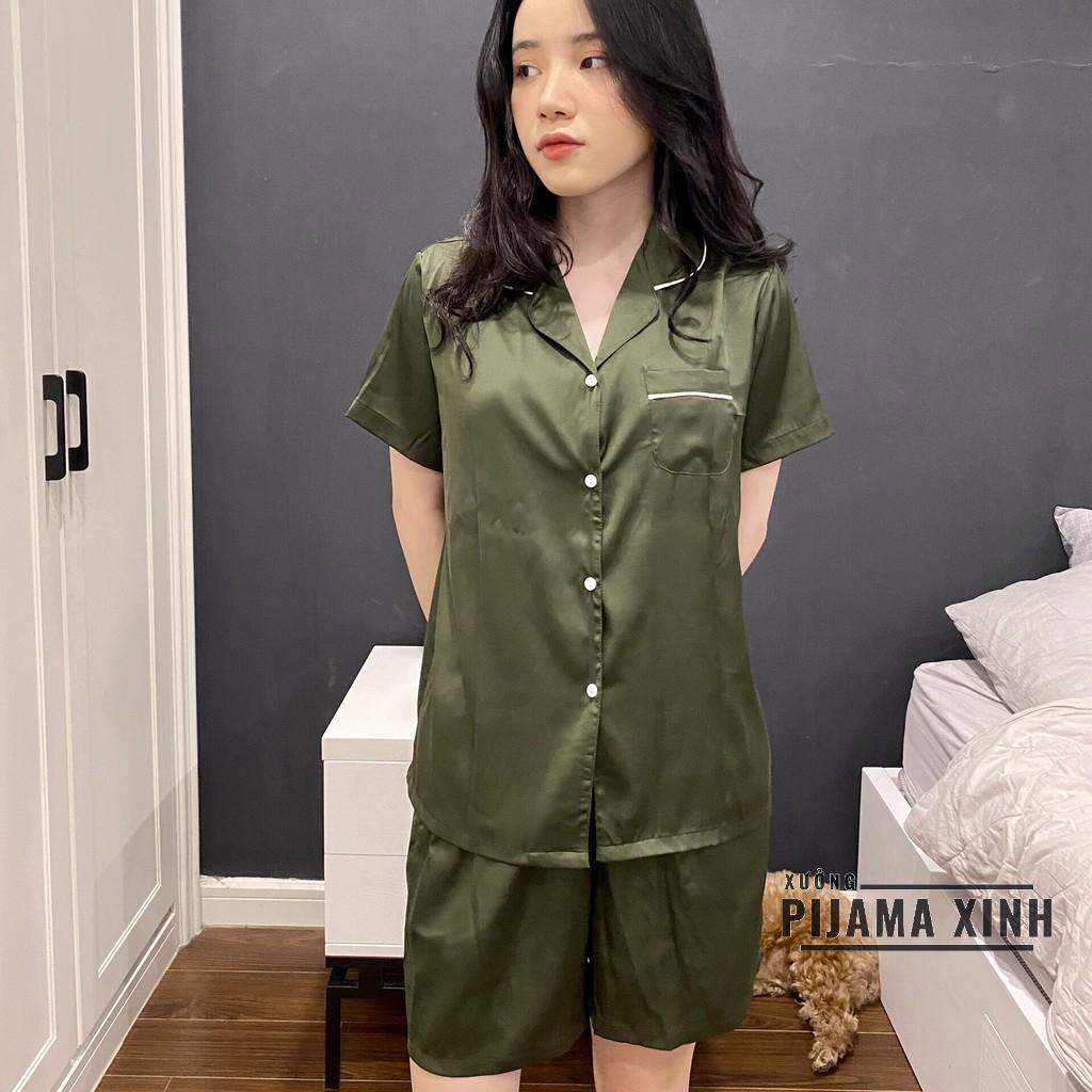 Bộ Pyjama lụa - Chất lụa Latin trơn Màu Xanh Rêu mềm mịn siêu mát Bộ cộc quần đùi