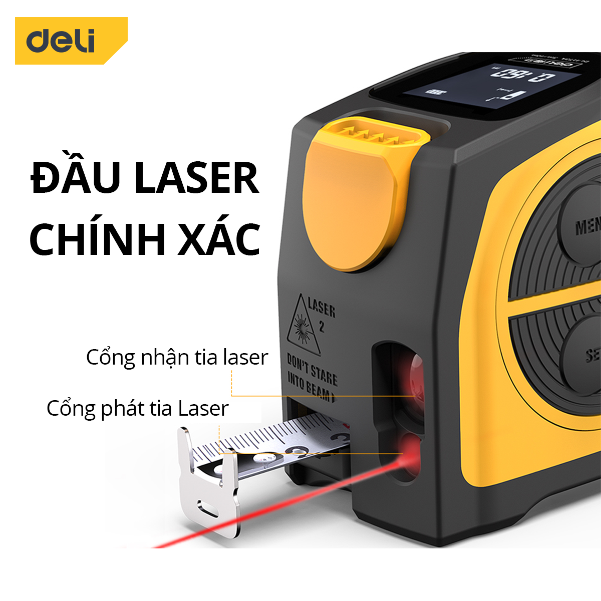 Thước Đo Khoảng Cách Laser Kết Hợp Thước Dây Thép Deli - Đo Laser 40m, Đo Thủ Công 5m - Màn Hình LED Hiển Thị Chính Xác