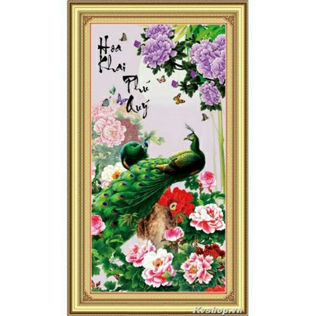 Tranh thêu chữ thập Hoa khai phú quý 44x79cm - chưa thêu