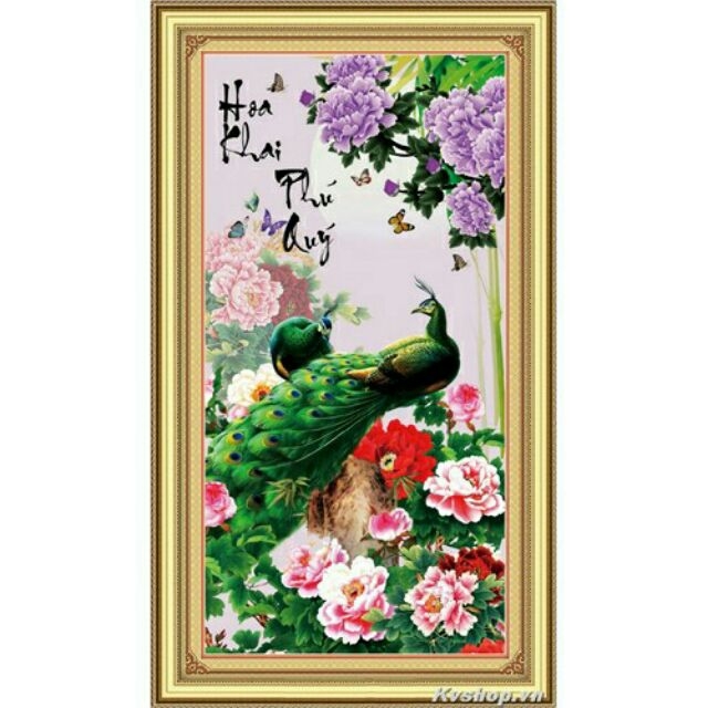 tranh thêu chữ thập Hoa khai phú quý 44x79cm - chưa thêu