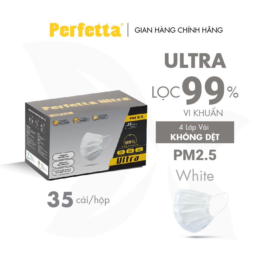 [1 HỘP - PERFETTA ULTRA] - Khẩu Trang Y Tế Chất Lượng Cao, Kháng Khuẩn, Chống Bụi Mịn PM 2.5, Màu Trắng, 4 Lớp, Bảo Vệ Tối Ưu, Đóng Gói Từng Cái - (35 cái/hộp)