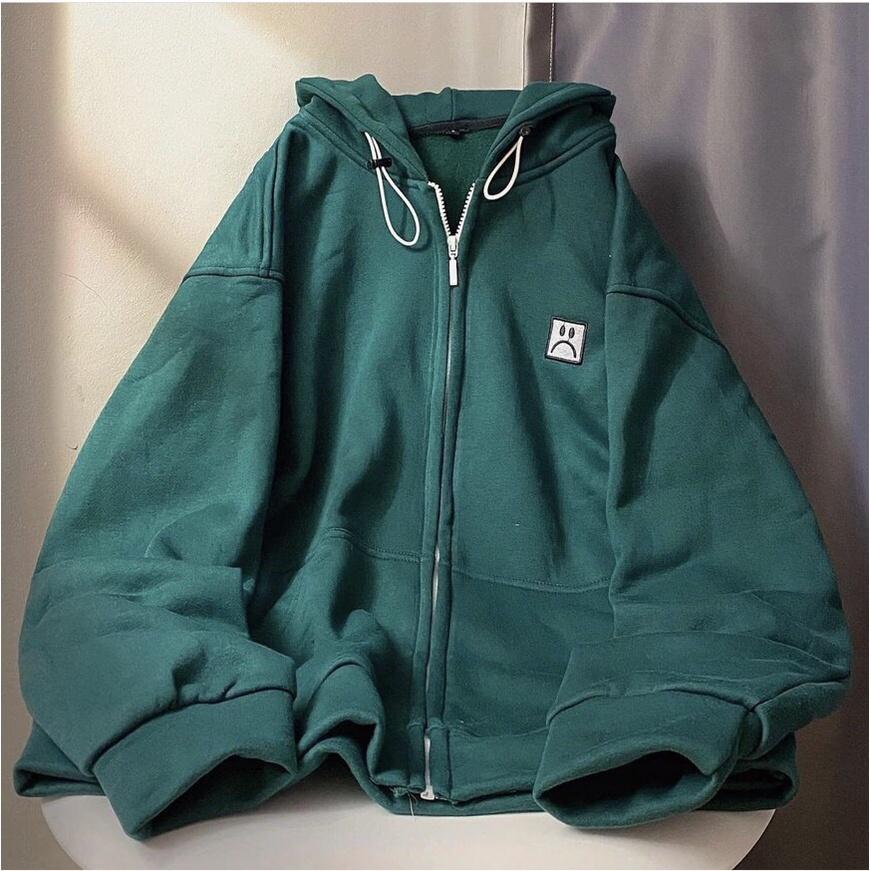 Áo Khoác Hoodie nhung da lộn Hình Mặt Buồn Xanh Rêu Siêu Lạ Unisex Ulzzang