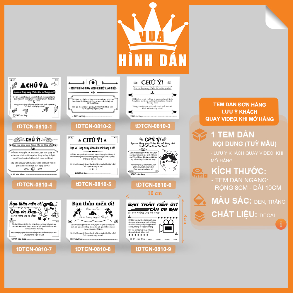 Hình ảnh Set 50/100 Tem lưu ý khách quay video khi mở hàng (8x10cm) (1.020) - tem sticker dán đơn hàng, kiện hàng dành cho shop