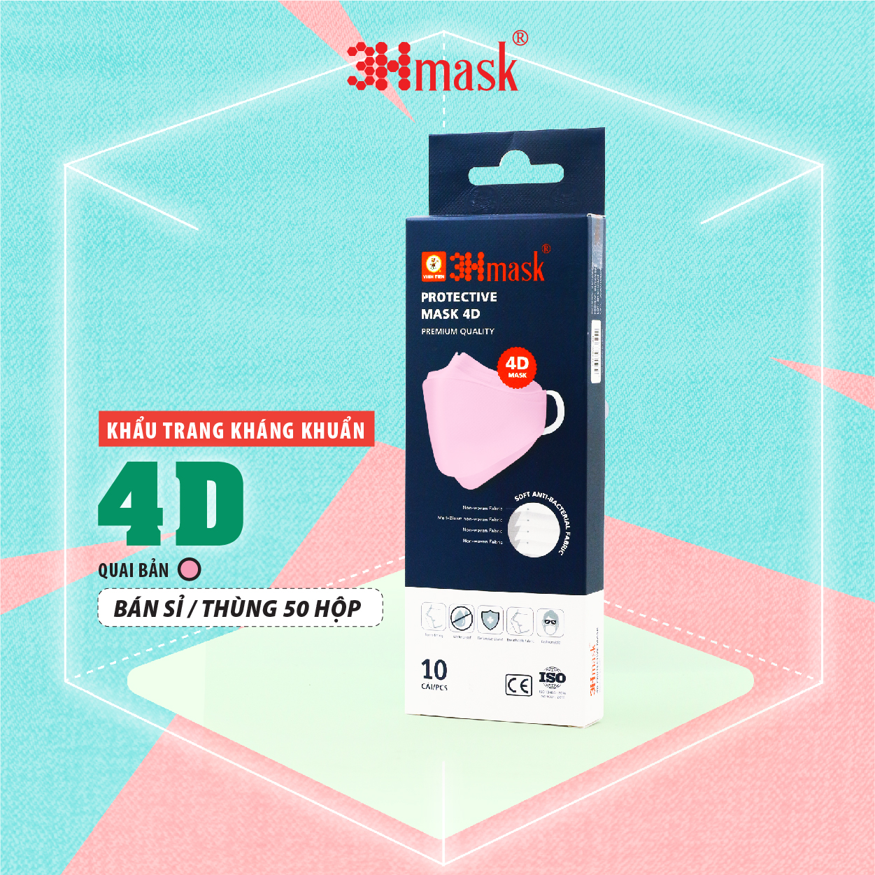 [Thùng 50 hộp] Khẩu Trang 3Hmask 4D Quai Bản Hồng (10 cái x 50 hộp)