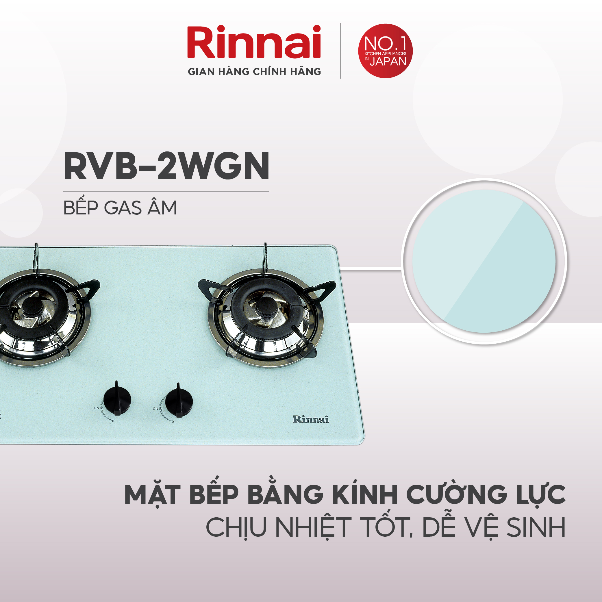 Bếp gas âm Rinnai RVB-2WGN mặt bếp kính và kiềng bếp men - Hàng chính hãng.