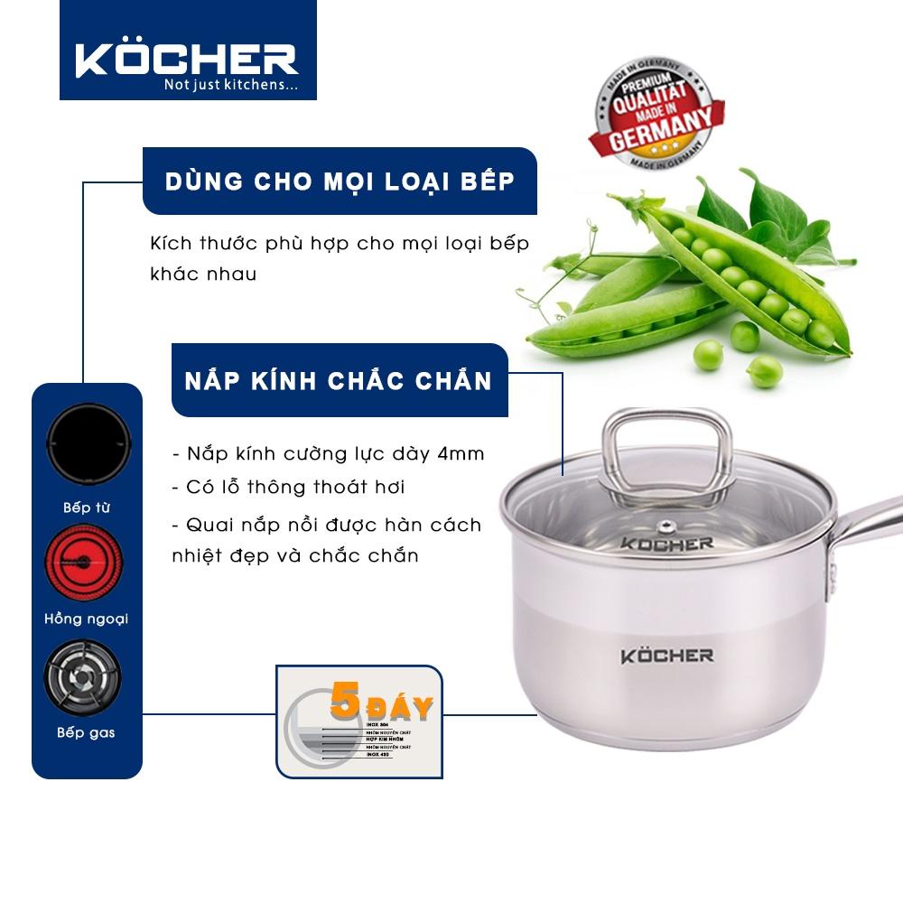 Nồi quánh inox Kocher nấu cháo cho bé có tay cầm inox 304 5 đáy cao cấp size 16cm - Hàng chính hãng