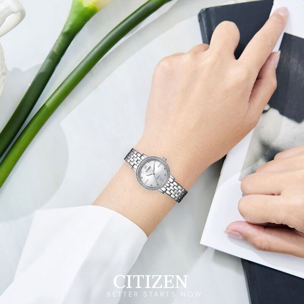 Đồng Hồ Nữ Citizen Pin-Quartz Đính Đá Swarovski Dây Thép Không Gỉ EL3100-55A - Mặt Trắng (31mm)