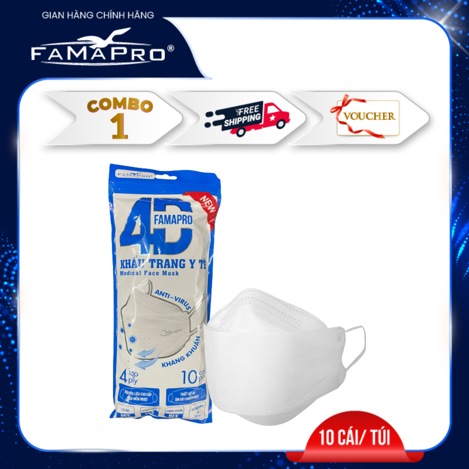 Khẩu trang y tế kháng khuẩn Famapro 4D tiêu chuẩn