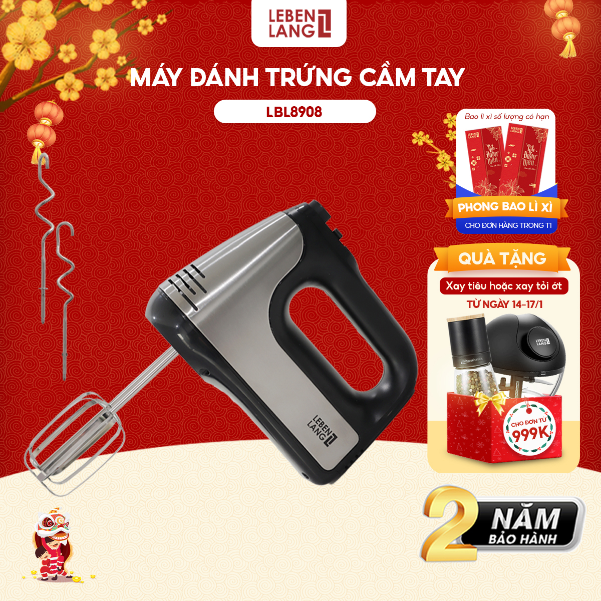 Máy đánh trứng Lebenlang, máy trộn cầm tay 5 tốc độ, công suất lớn 400W, bảo hành 2 năm - hàng chính hãng