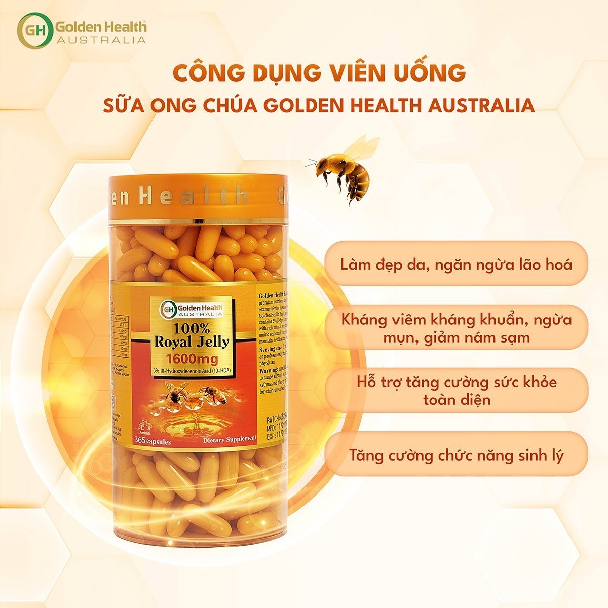 Viên Uống Sữa Ong Chúa Golden Health Royal Jelly 1600mg Hộp 365 Viên, Giúp Da Chống Lão Hóa, Nám, Sạm, Chống Mất Ngủ, Bảo Vệ Sức Khỏe Toàn Diện - Nhập Khẩu Chính Ngạch Từ Úc - PHỤNG BEAUTY