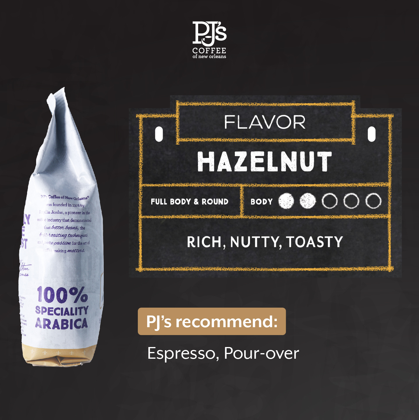 Hazelnut Rang Thêm Hương, PJ’s Coffee Cà Phê Hạt Arabica, Vị Hạt Phỉ, Hương Kem Béo Đến Từ New Orleans, Mỹ –Gói 454g - Hạt cà phê