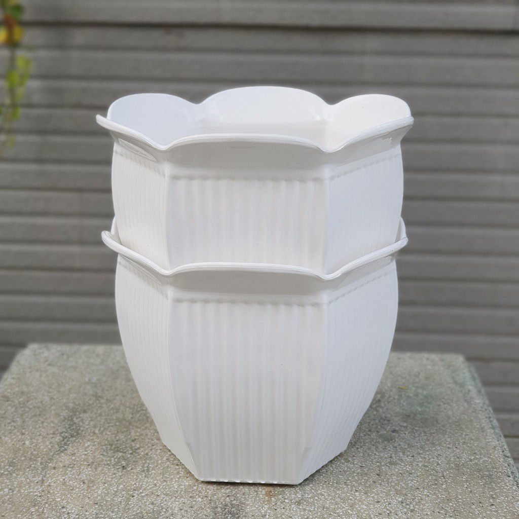 Bộ 2 chậu trồng hoa lục giác sọc màu trắng nhựa dày đẹp 26x20cm