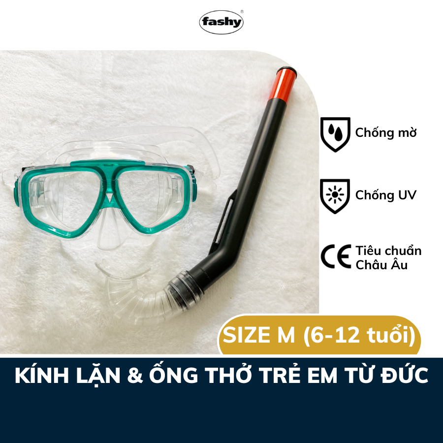 Kính lặn trẻ em kèm ống thở nhập khẩu từ Đức thương hiệu Fashy, đạt tiêu chuẩn chất lượng Châu Âu, thiết kế phù hợp lặn hồ, biển cho cả bé trai và bé gái từ 6-12 tuổi size M nhiều màu