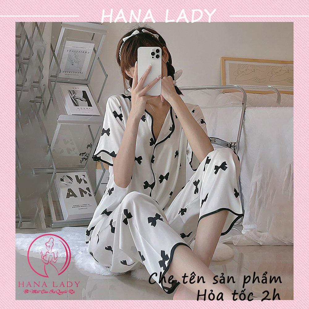 Đồ ngủ pijama lụa - Bộ ngủ mặc nhà tay ngắn họa tiết nơ mềm mại PJ519