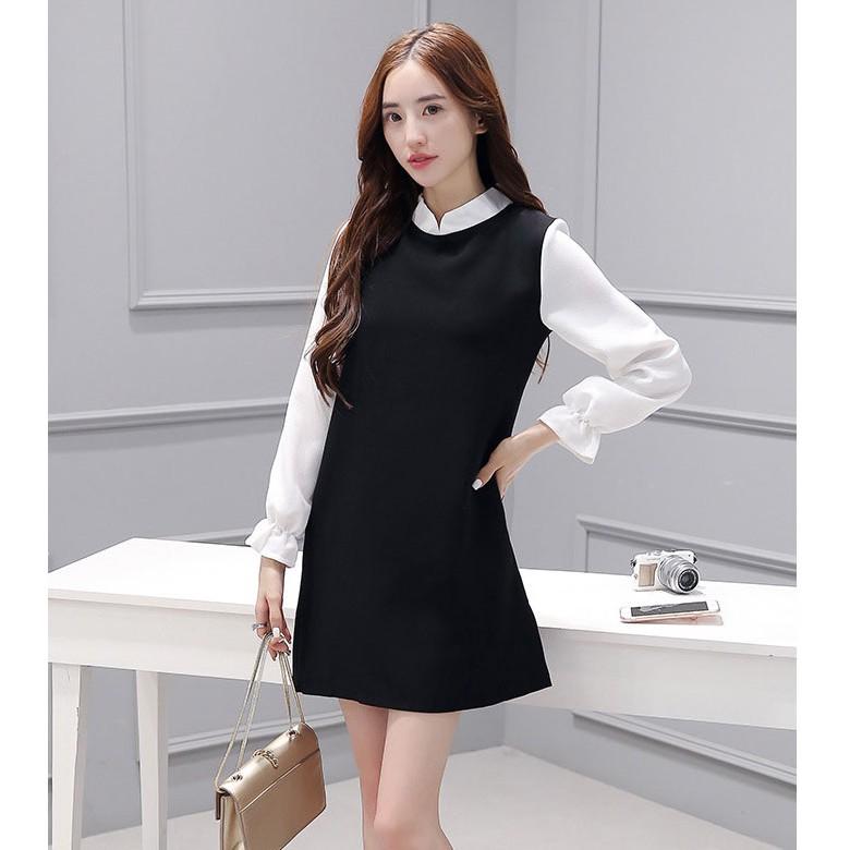 Đầm suông nữ cổ tàu tay dài phối màu trẻ trung Da48