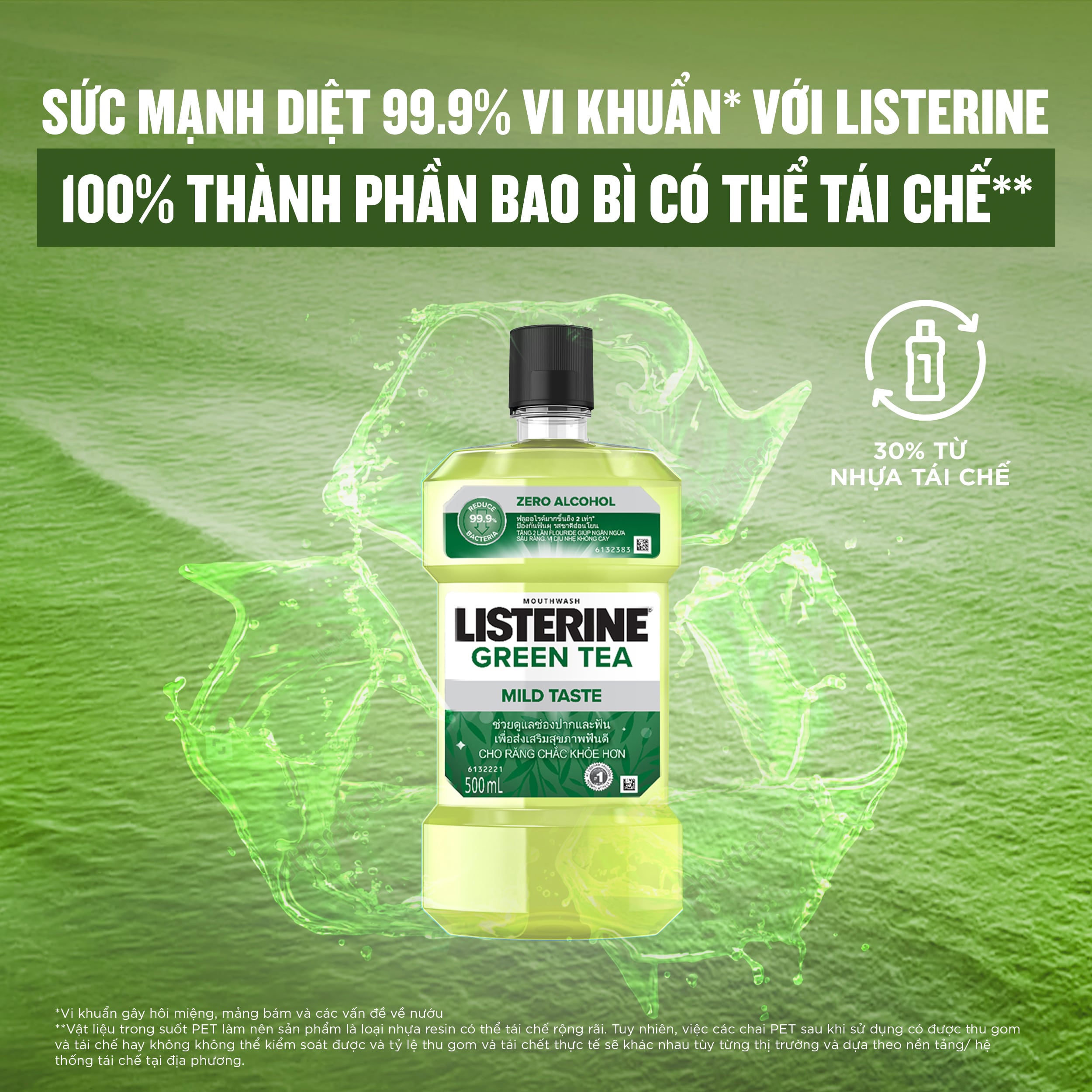 Nước súc miệng ngừa sâu răng vị trà xanh không cay Listerine Natural Green Tea 500ml - 100953223