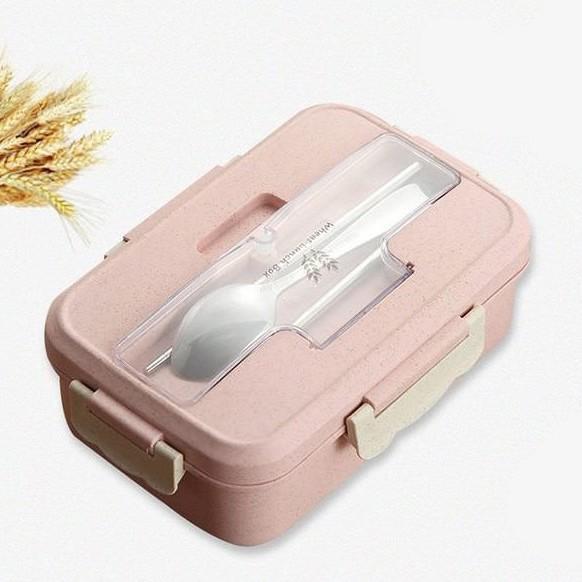 Hộp cơm văn phòng 3 ngăn lúa mạch kèm đũa thìa inox