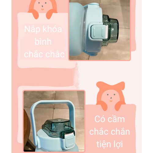 Bình nước 2 lít giữ nhiệt tặng kèm sticker cute bình đựng nước 1 lít có vòi tập thể thao chia vạch mini 2000ml, Chai đựng nước báo giờ cho người lười uống nước